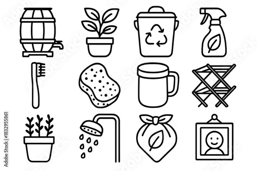 Eco-Friendly Home Essentials. Green Home Set linear icon set: rain barrel, indoor plant, compost pail, eco cleaner bottle, bamboo toothbrush, natural sponge, insulated mug, drying