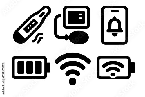 Smart Device Icons. Smart Devices silhouette icon set: thermometer, blood pressure cuff, mobile app, alert icon, battery, Wi-Fi