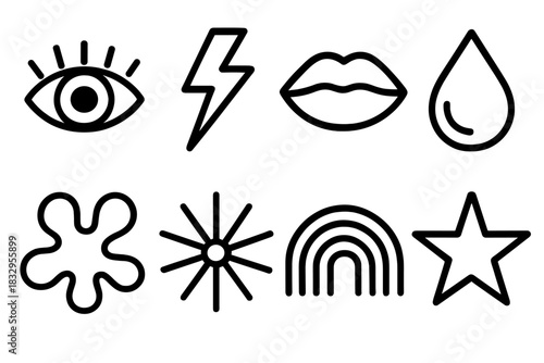 Bold Icon Compilation. Vibrant Expression linear icon set. eye, lightning bolt, lips, paint drop, abstract shape, burst, rainbow line, star