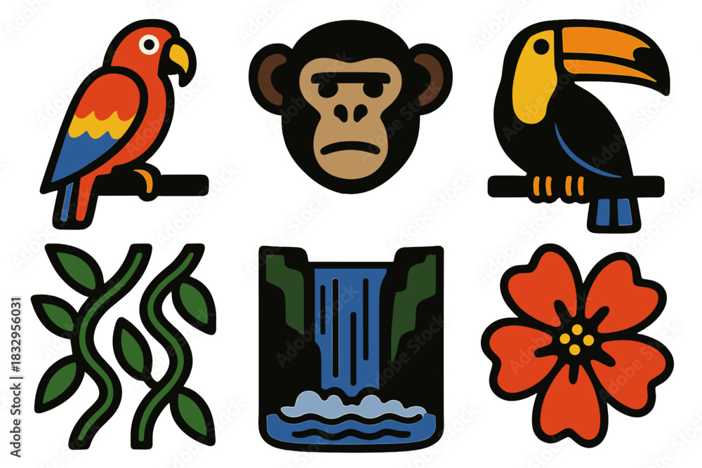 Naklejka premium Tropical Wildlife Icons. Tropical Wildlife silhouette icon set: parrot, monkey, toucan, waterfall, vines, bright flower