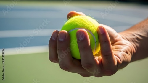 テニスボールを握る手、爽やかなライムグリーンのボールが印象的、スポーツの瞬間を捉えたクローズアップ写真。
