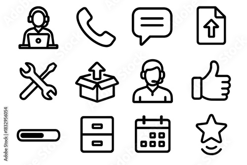 Support Icons Collection. Claims & Support Icons linear icon set: help desk, phone receiver, message bubble, upload document, repair tools, replacement box, support agent, approval