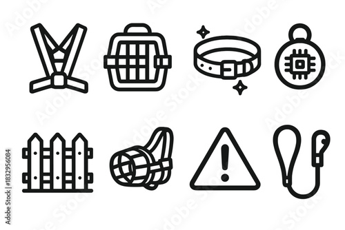 Pet Safety Icons. Pet Safety and Protection Icons Set linear icon set: safety harness, secure crate, reflective collar, microchip tag, fenced yard, gentle muzzle, warning symbol