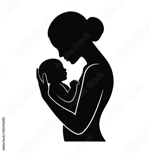 Mother Holding Newborn Baby Silhouette Vector Illustration