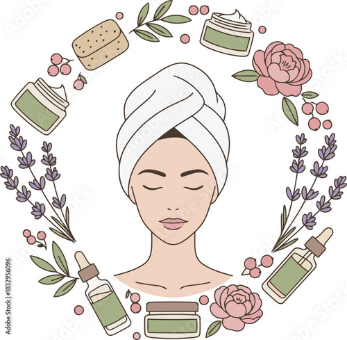 Beautiful woman with towel wrapped around her head surrounded by lovely floral and skincare products