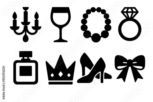 Elegant Icon Set. Elegant Living Collection silhouette icon set. chandelier, wine glass, pearl necklace, ring, perfume, crown, shoes, ribbon.