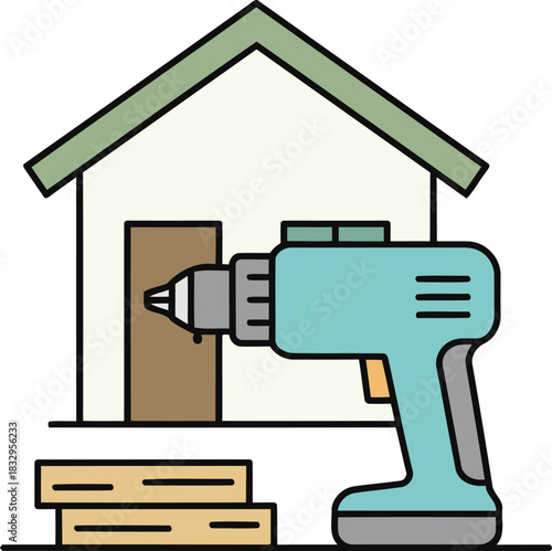 Home improvement project with an electric drill assembling new wooden door in simple line style