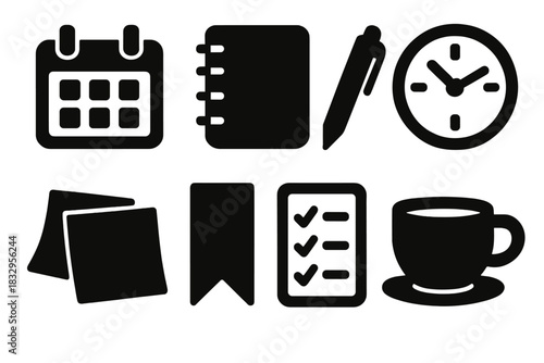 Bold Planner Icons. Daily Planner Icons silhouette icon set: calendar, notebook, pen, clock, sticky notes, bookmark, checklist, coffee cup