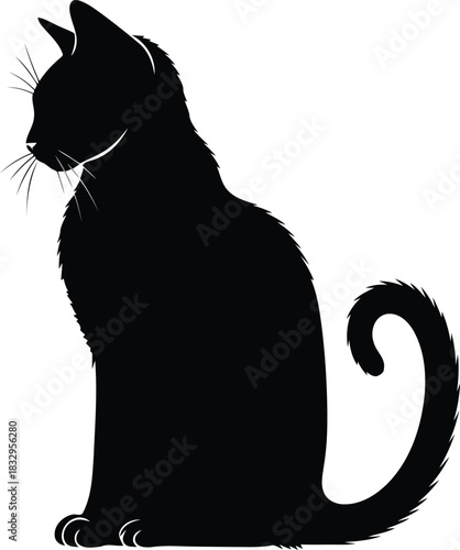 Black cat silhouette sitting tail curled