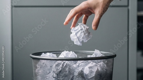 Close up of a hand tossing a wadded up piece of paper into a metal wastebasket full of discarded ideas