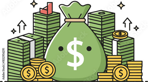 Visualize your financial growth with money stacks coins and a bag of dollars in a bright scene
