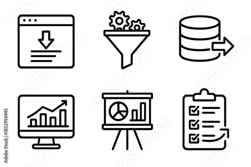 BI Workflow Icons. BI Workflow linear icon set. data extraction, transformation, loading, reporting, visualization, action plan.