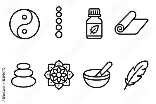 Holistic Icon Harmony. Holistic Balance linear icon set. yin yang, chakra points, essential oil bottle, yoga mat, balance stones, mandala, sound bowl, feather