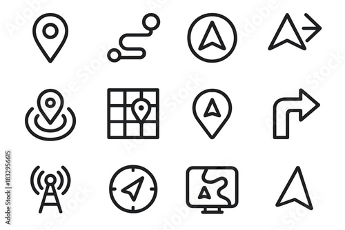 Digital Navigation Icons. Digital Wayfinding Set linear icon set: map pin, route line, digital compass, navigation arrows, location beacon, path grid, waypoint marker, turn