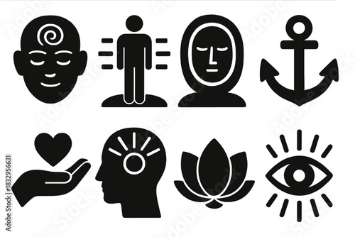 Brutalist Emotional Icons. Emotional grounding themes silhouette icon set: inner calm, steady presence, emotional stability, anchored awareness, supportive self-care, centered