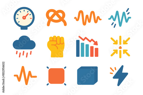 Stress Icon Set. Stress flat icon set: pressure gauge, stress knot, tense wave, trembling line, heavy cloud, clenched fist, overwhelmed bar, tight arrows, burden block, sharp pulse