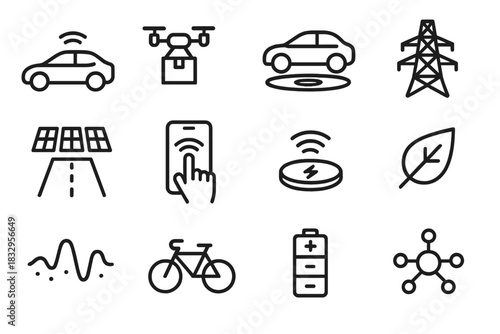 Future Mobility Icons. Future mobility linear icon set: autonomous car, drone delivery, charging pad, energy grid, solar highway, smart app, wireless charger, green leaf, data wave