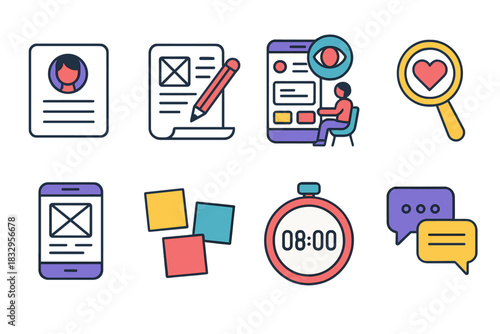 UX Process Icons. User Experience Process flat icon set: persona card, sketch board, usability test, empathy lens, prototype screen, post-it ideas, design sprint timer, feedback