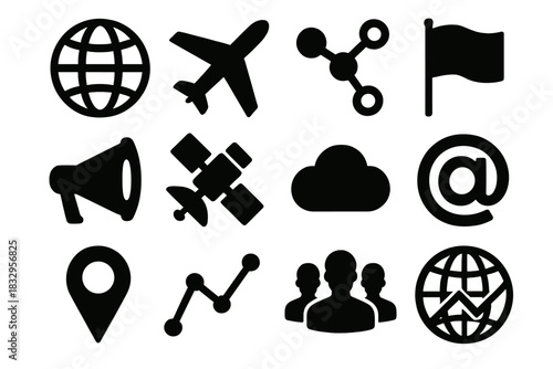 Global Icon Set. Global Brand Awareness silhouette icon set. globe, airplane, network nodes, flag, megaphone, satellite, cloud, email symbol, map pin, connection lines, followers