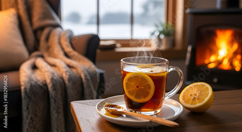 Cozy winter evening hot toddy by the fireplace with orange and cinnamon for relaxation