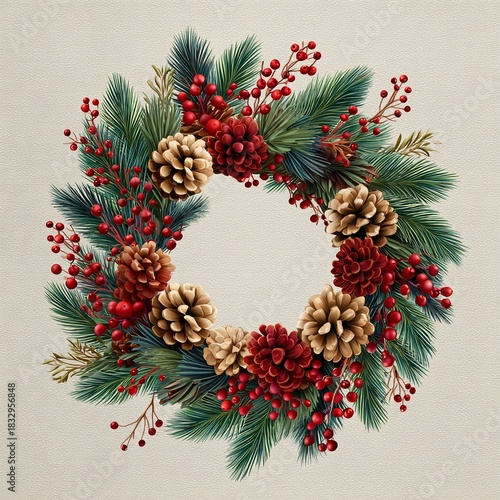 A beautifully crafted traditional Christmas wreath, captures the warm spirit of winter celebrations with rustic natural textures and classic Christmas charm.