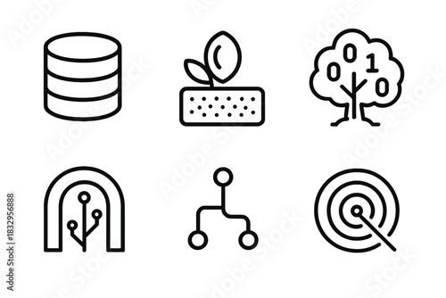 Digital Icon Array. Info Realms linear icon set: storage pod, index seed, binary shrub, api gateway, schema branch, query ripple