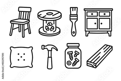 Upcycled Furniture Icons. Upcycled Furniture linear icon set. wooden chair, recycled table, vintage cabinet, paintbrush, fabric cushion, hammer, screw jar, wood plank