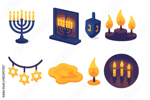 Vibrant Hanukkah Icons. Hanukkah Night Icons flat icons set. menorah silhouette, glowing window, flickering flames, dreidel beside, star garland, wax pool, reflection glow, calm