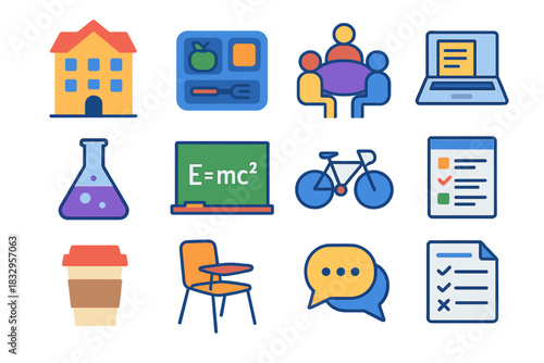 University Life Icons. University Life flat icon set: dorm building, cafeteria tray, study group, laptop notes, lab beaker, chalkboard formula, campus bike, timetable sheet, coffee