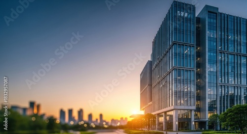 Modern office building with glass windows at sunset.