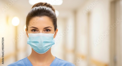 A nurse standing in a hospital corridor, wearing a blue uniform and a surgical mask.