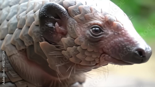 Extreme close up of a juvenile Pangolin face showing detailed scales and snout