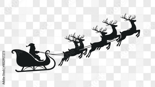 Silhouette of santa claus in his sleigh pulled by reindeer flying through the night sky on christmas eve