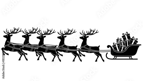 Black silhouette of santa's sleigh pulled by reindeer filled with gifts for christmas deliveries