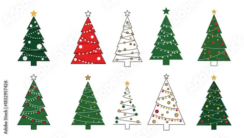 Collection of ten stylized christmas trees with diverse decorations and star toppers on a white background