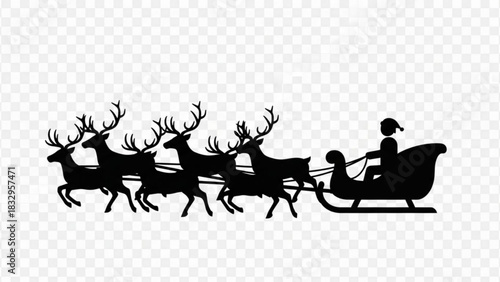 Silhouette of santa claus riding in a sleigh pulled by reindeer on a transparent background design vector