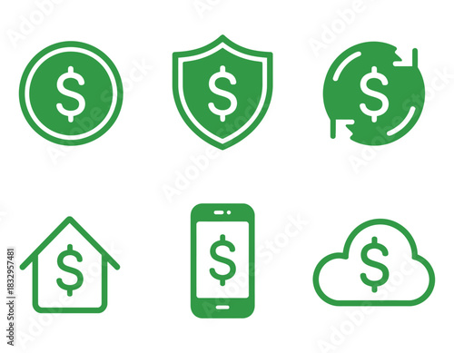 Dollar logo and symbols including cloud, shield, house, phone, and other design elements for money, finance, and business