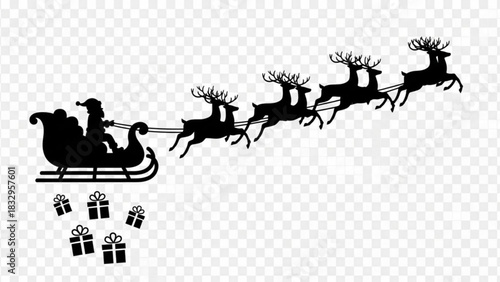 Silhouette of santa claus in his sleigh being pulled by reindeer with gifts falling down from the sleigh