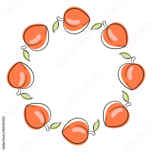 Peach fruit wreath in flat style isolated on a white background.