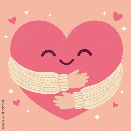 Love yourself, cute cartoon heart character hug icon flat vector design