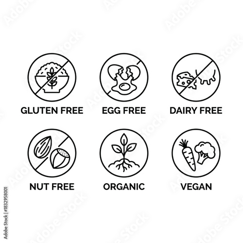 absence of common food allergens icon set flat vector design