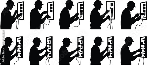 Electrical, panel, silhouette, technician, posture, wiring, inspection, repair, tool, vector, black, pose, setup, maintenance, connection, equipment, installation, slot, safety, flavector