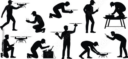 Drone, operation, silhouette, controller, posture, inspection, repair, device, table, vector, black, pose, setup, flying, maintenance, pilot, technology, equipment, engineering, flavector