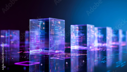 Glowing translucent holographic data cubes aligned in a row, vibrant purple and pink neon circuit patterns inside, reflecting on glossy surface against cosmic blue background, futuristic digital block