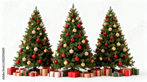 Three decorated Christmas trees with red and gold ornaments and wrapped presents underneath