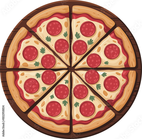 Delicious pepperoni pizza illustration with melted cheese, tomato sauce, sliced toppings, whole pizza on wooden board, tasty food graphic design