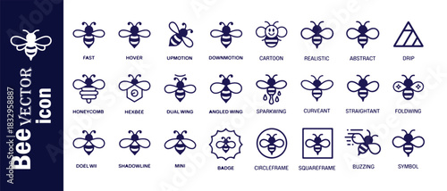 Bee vector icon set. collection of simple line elements. vector illustration in a flat design style