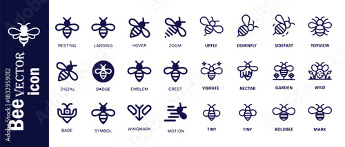 Bee vector icon set illustrating various bee states including resting, landing, hover, and motion