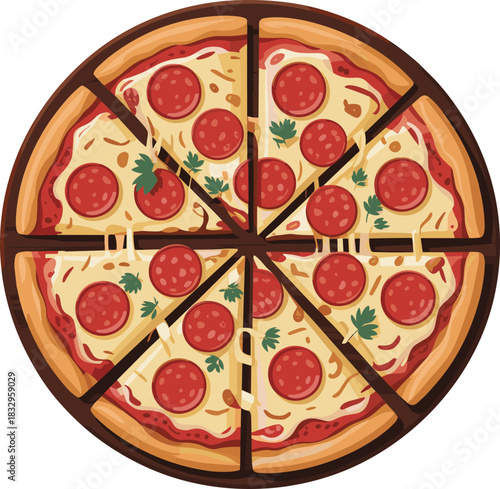 Delicious pepperoni pizza illustration with melted cheese, tomato sauce, sliced toppings, whole pizza on wooden board, tasty food graphic design