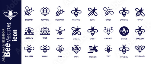 Set of bee vector icons isolated on white background, different bee concepts, flat style, logo